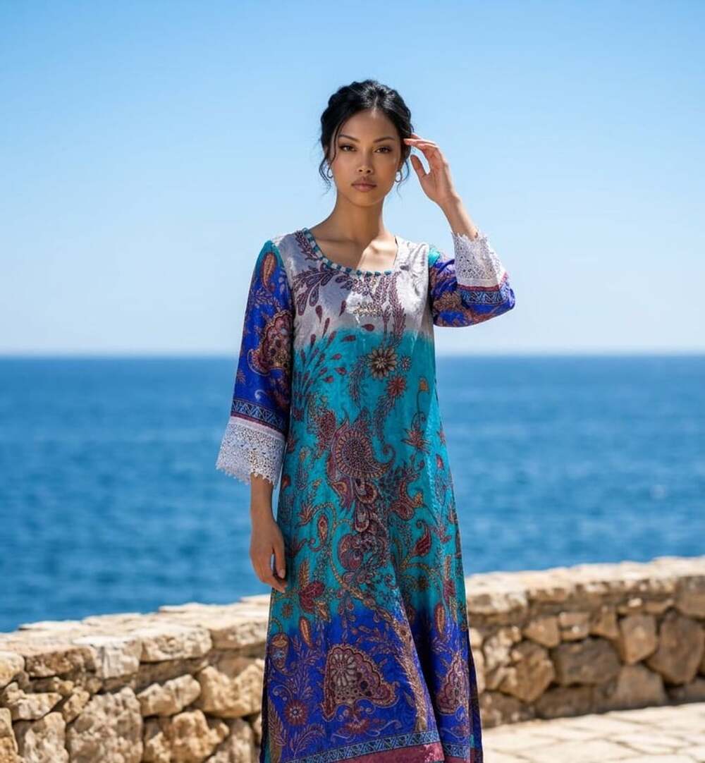 Muzlin Printed Silk Blend Straight Kurta dress with Lace Trim 18 pit to pit